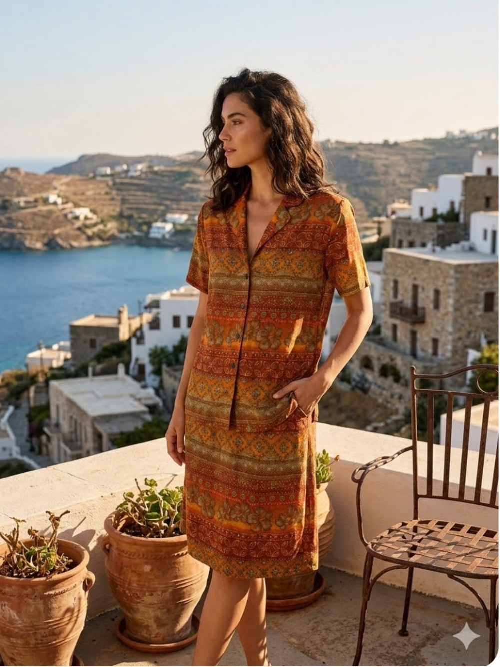0876.  Vintage Patterned Button-Up Shirt and Skirt Set
